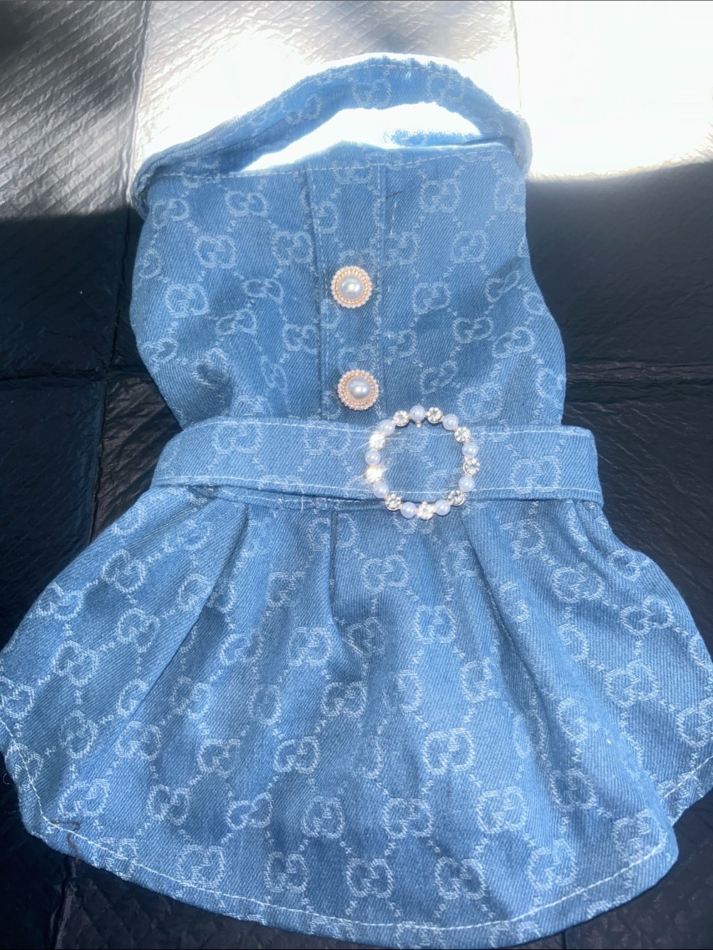 Designer-Inspired Blue Denim small dog Dress with Pearl Accent